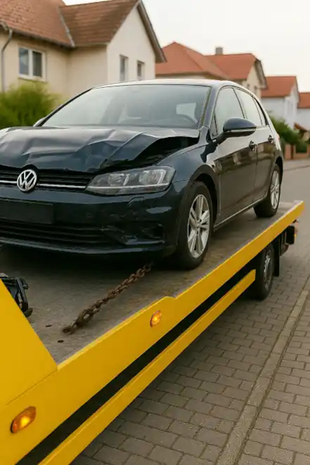 Ein defektes Fahrzeug wird abgeschleppt, um es beim Autoankauf in Rodgau zu verkaufen.